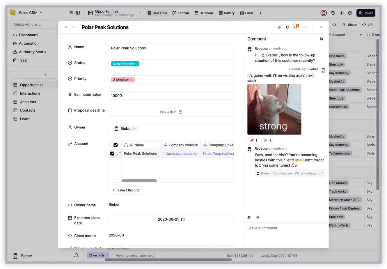 Teable comments and collaboration view