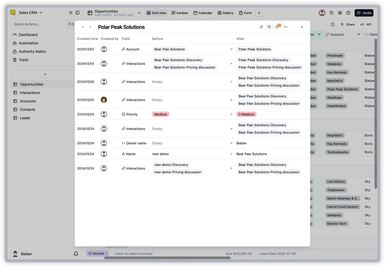 Teable record history view