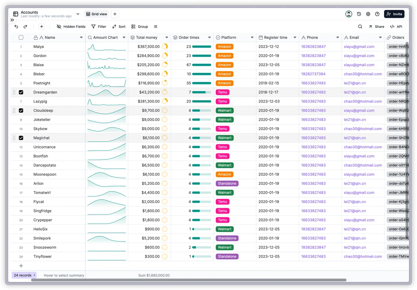 Teable grid view with linked records
